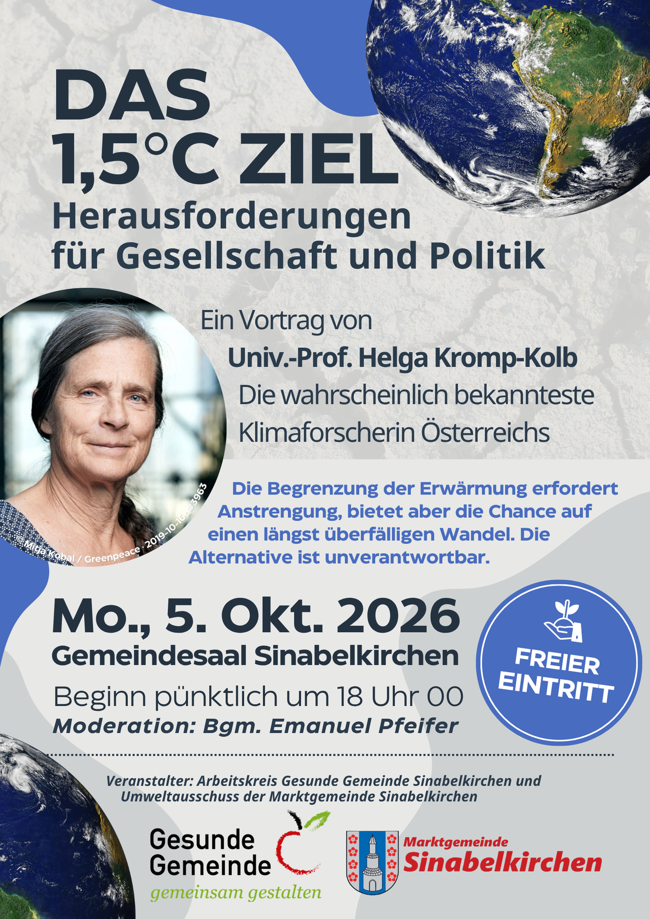 Poster for a lecture by Univ.-Prof. Helga Kromp-Kolb on climate change, featuring a picture of the speaker and a map of the Earth. The event is scheduled for October 5, 2026, at the Sinabelkirchen Community Hall.