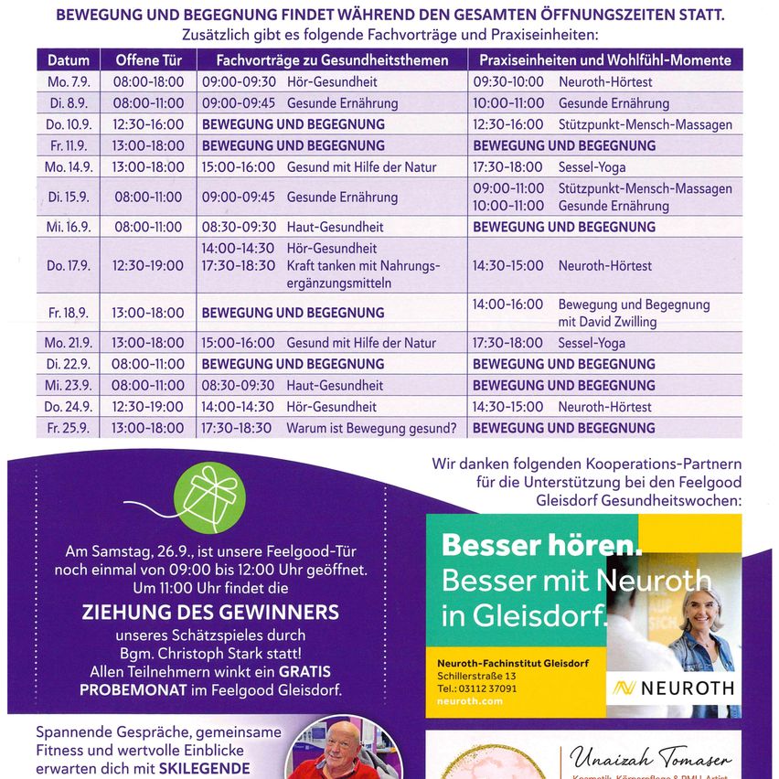Ein Flyer mit einem Zeitplan für verschiedene gesundheitsbezogene Aktivitäten und Workshops. Der Flyer enthält Daten, Zeiten und Beschreibungen von Aktivitäten wie Bewegungs- und Begegnungssitzungen, gesunde Ernährung und Yoga. Es gibt auch eine Werbung für eine Feelgood-Tour in Gleisdorf.