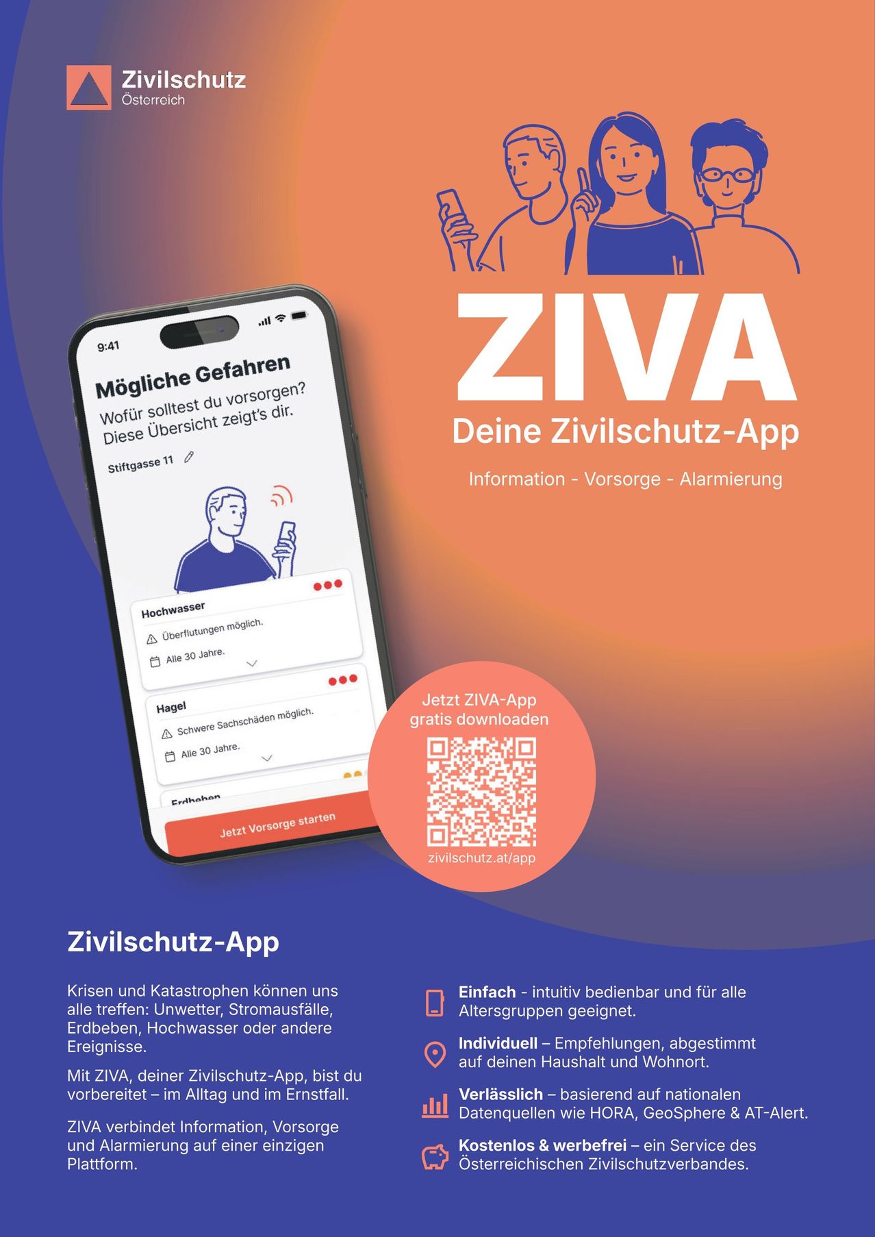 An advertisement for the ZIVA civil protection app on a smartphone, with a QR code for downloading. The app provides information, preparedness, and alerts for various emergencies.
