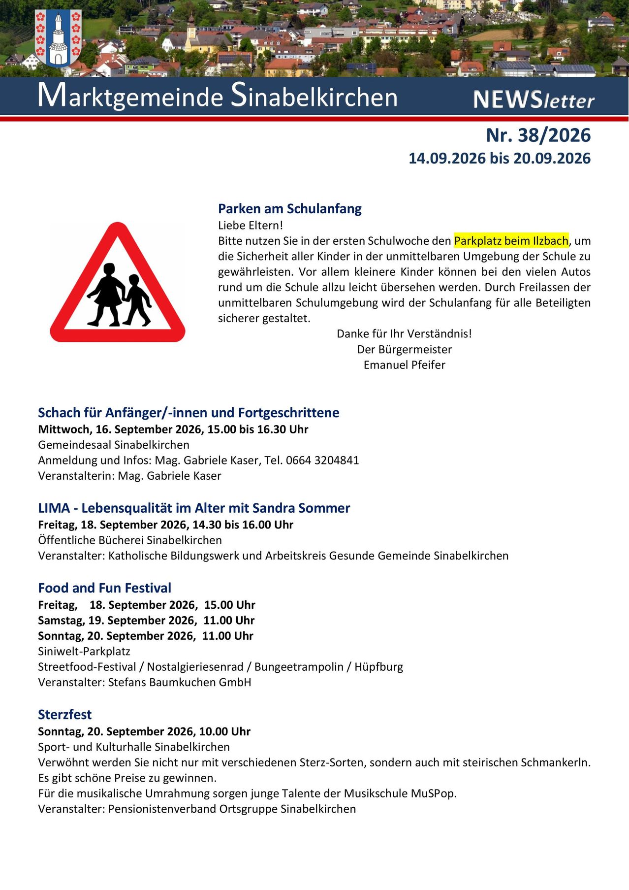 Ein Dokument mit Informationen zum Parken in der Nähe einer Schule, Schach für Anfänger, einem Lebensqualitätsevent, einem Essens- und Spaßfestival und einem Erntefest.