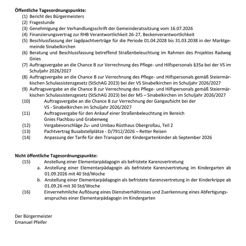 Ein Dokument mit dem Titel 'Öffentliche Tagesordnungspunkte' listet verschiedene Tagesordnungspunkte auf, darunter ein Bericht des Bürgermeisters, die Genehmigung eines Vertrags und ein Haushaltsvorschlag. Das Dokument ist datiert und von Emanuel Pfeifer, dem Bürgermeister, unterzeichnet.