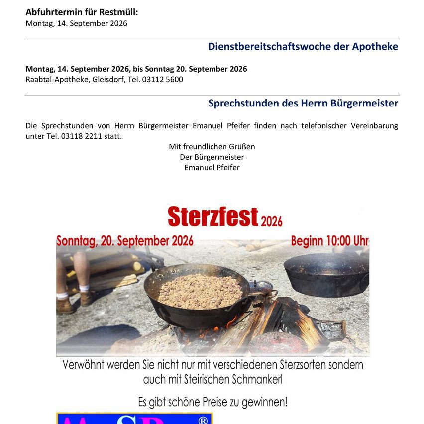Ein Plakat, das die Dienstbereitschaftswoche der Raabtal-Apotheke ankündigt, einschließlich der Sprechstunden des Bürgermeisters und eines Kochwettbewerbs am 20. September 2026.
