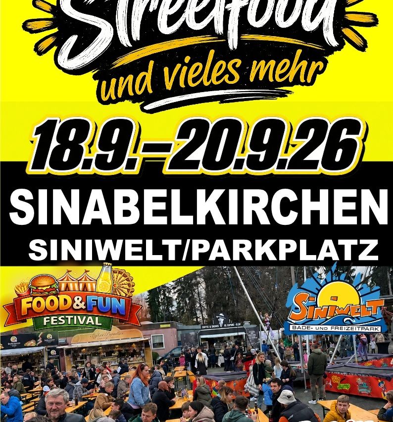 Ein farbenfrohes Plakat, das ein Essens- und Spaßfestival in Sinabelkirchen ankündigt, mit einer Menge, die Essensstände und Fahrgeschäfte vom 18. bis 20. September 2026 genießt.