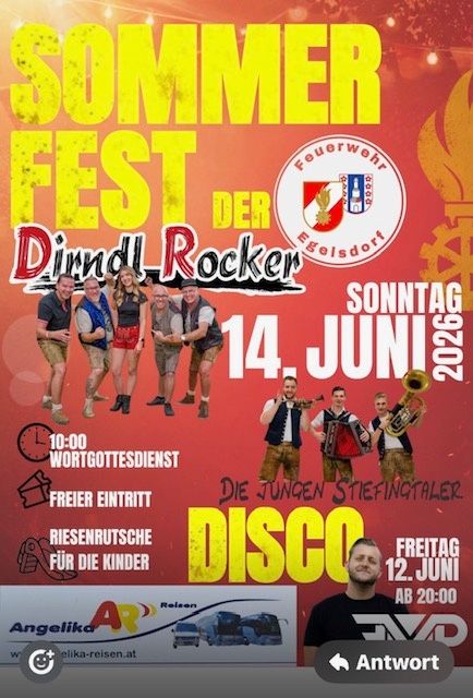 Plakat für das Sommer Fest der Diindi Rocker, mit einer Band und einem Mann, mit Details zur Veranstaltung am 14. Juni 2020.