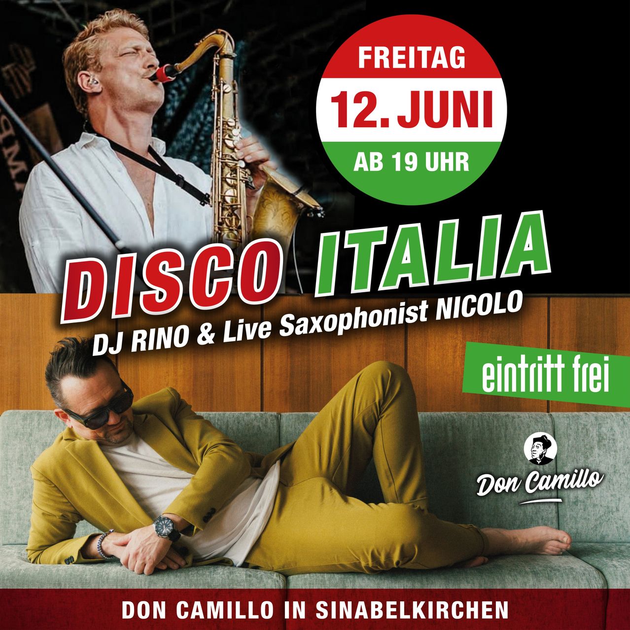 Ein Mann spielt Saxophon mit einem DJ im Hintergrund. Ein anderer Mann sitzt auf einem Sofa. Die Veranstaltung heißt 'Disco Italia'.