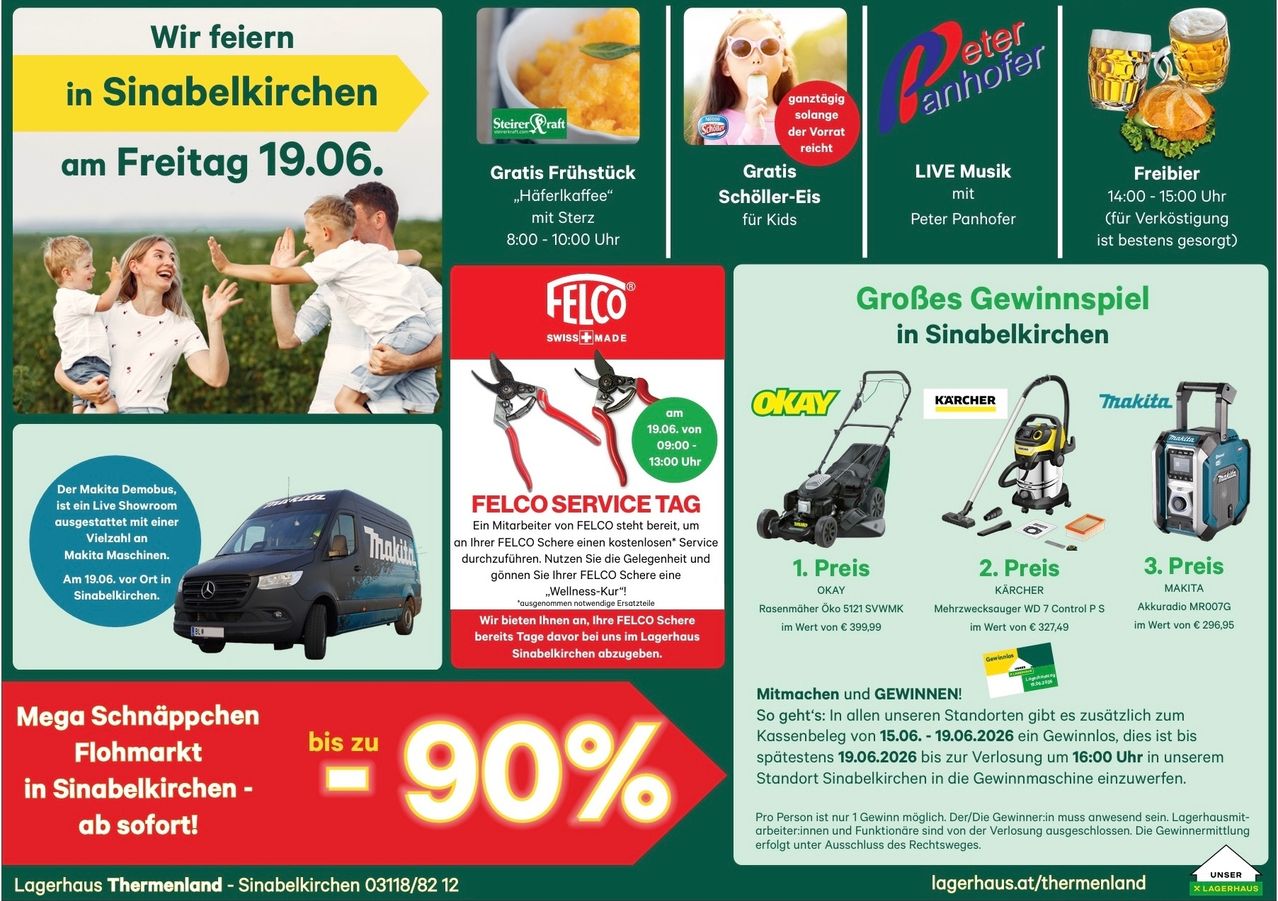 Feier in Sinabelkirchen am 19.06. Kostenloses Frühstück, Eis für Kinder und Live-Musik. Rabatte bis zu 90% und Gewinnchancen. Besuchen Sie zwischen 8:00 und 10:00 Uhr.