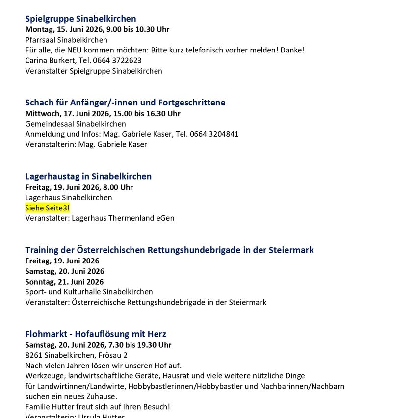 Veranstaltungen in Sinabelkirchen: Spielgruppe, Schach, Lagerhaus, Rettungshundebrigade-Training und Flohmarkt. Termine und Uhrzeiten angegeben. Kontakt für weitere Informationen.