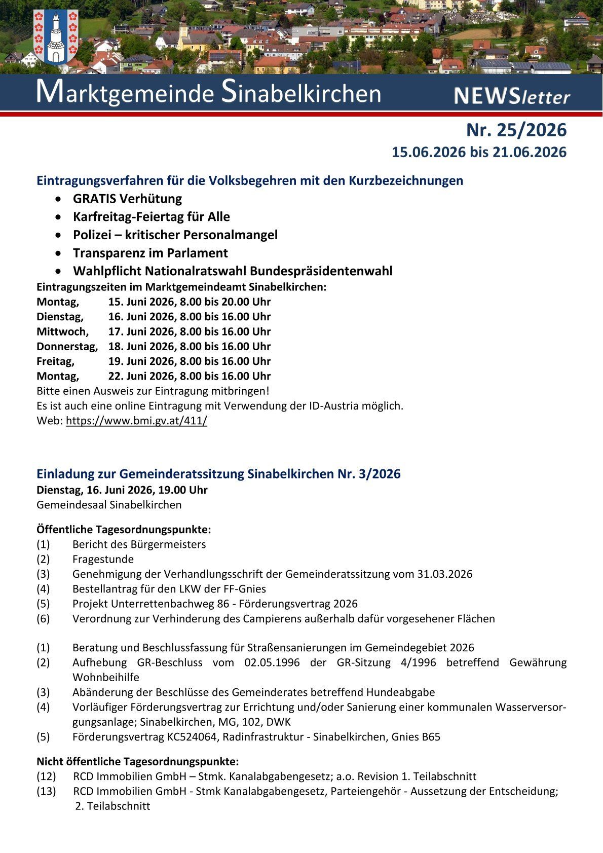 Das Bild zeigt ein Dokument mit Registrierungsverfahren für Volksbegehen, kostenlose Versicherung, Polizei-Personalmangel, Transparenz im Parlament und Nationalratspräsidentenwahl. Datum und Uhrzeiten für die Registrierung sind aufgeführt. Ein Link für die Online-Registrierung mit ID-Austria wird bereitgestellt.
