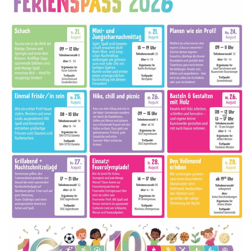 Activities for families on August 21, 27, and 28. These include chess, outdoor activities, and a community night. Various organized activities are available for all ages.