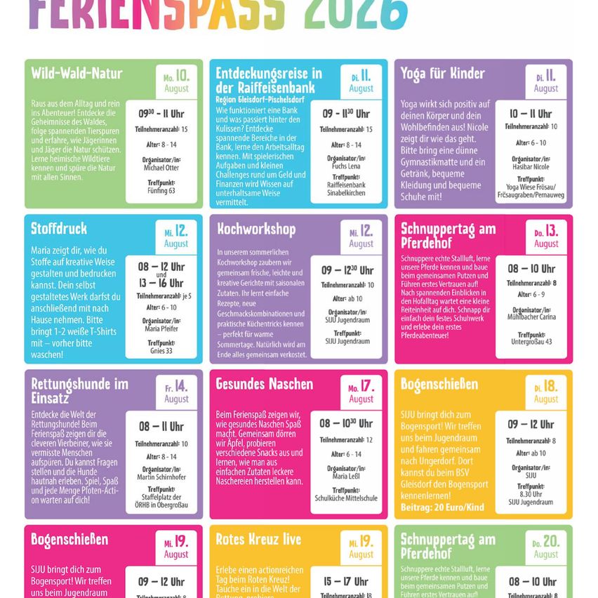 The image depicts a timetable of events for Ferienspass 2026. Activities include a nature walk, yoga for children, cooking workshops, shoe shine services, first aid training, healthy eating workshops, healthy eating races, and a pony ride. Dates and times are specified for each event.