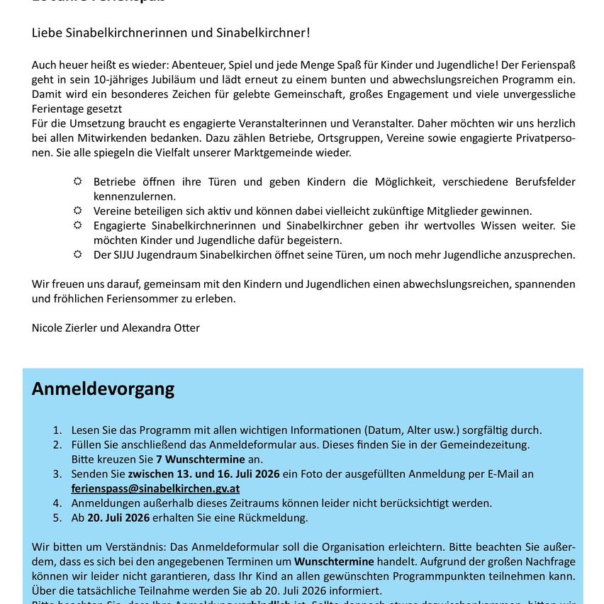 The image shows an announcement for a summer holiday program for children and young people, highlighting various activities and registration details. The announcement is written in German and includes information on how to register and participate.