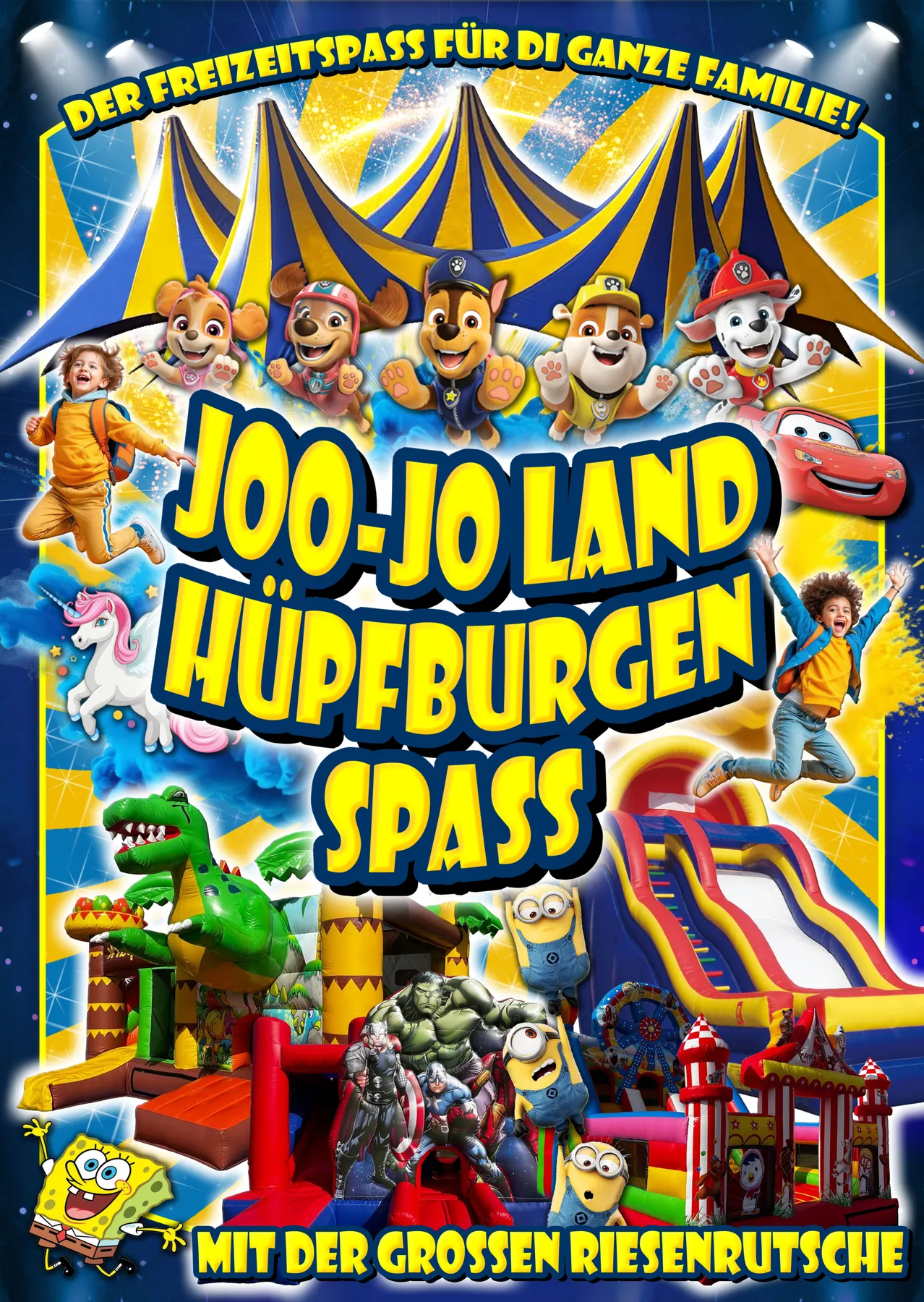 Plakat mit Kindern, die in einer Hüpfburg mit Zeichentrickfiguren wie Paw Patrol, Einhorn, Hulk und Minions spielen. Der Titel lautet 'Joo-Joo Land Hüpfburgen Spass'.