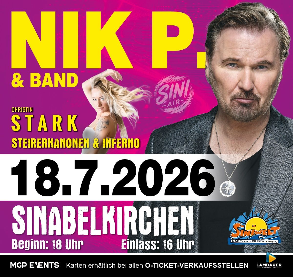 Poster for Nik P and Band featuring a woman with blonde hair and a man in a suit. Date is July 18, 2026, location Sinabelkirchen.