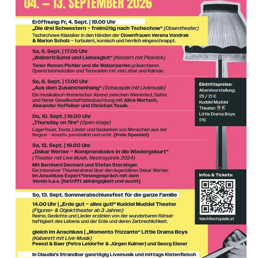 Ein Plakat für eine Veranstaltung mit Datum vom 4. bis 13. September 2026. Es listet verschiedene Aufführungen auf, darunter ein Clowntheater, ein Konzert und ein Theater mit Live-Musik. Eintrittspreise werden für Abendvorstellungen, Kudel Mudel und das Theater angegeben.