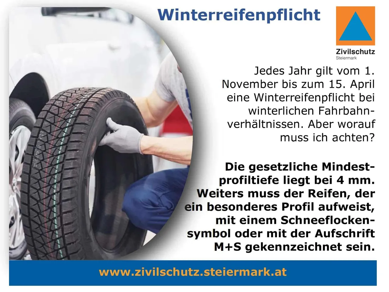 Eine Person wechselt einen Reifen an einem Auto. Der Reifen hat eine Mindestprofiltiefe von 4 mm.