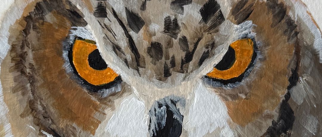 Eine künstlerische Darstellung einer großen Eule mit gelben Augen und braunen und schwarzen Federn auf weißem Hintergrund.