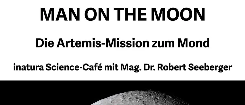 Ein Mondbild zeigt die Artemis-Mission zum Mond. Der Vortrag ist von Dr. Robert Seeberger. Das Datum ist der 23. April 2026 um 19:30 Uhr.