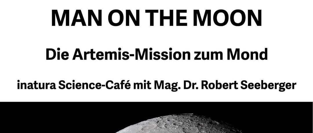 Ein Mondbild zeigt die Artemis-Mission zum Mond. Der Vortrag ist von Dr. Robert Seeberger. Das Datum ist der 23. April 2026 um 19:30 Uhr.