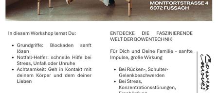 Workshop-Werbung mit einer Frau und einem Kind. Lerne Grundknoten, Notfallhilfe und Körperkontakt. Adresse und Datum unten.