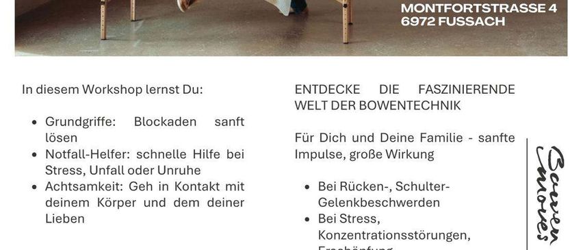 Workshop-Werbung mit einer Frau und einem Kind. Lerne Grundknoten, Notfallhilfe und Körperkontakt. Adresse und Datum unten.