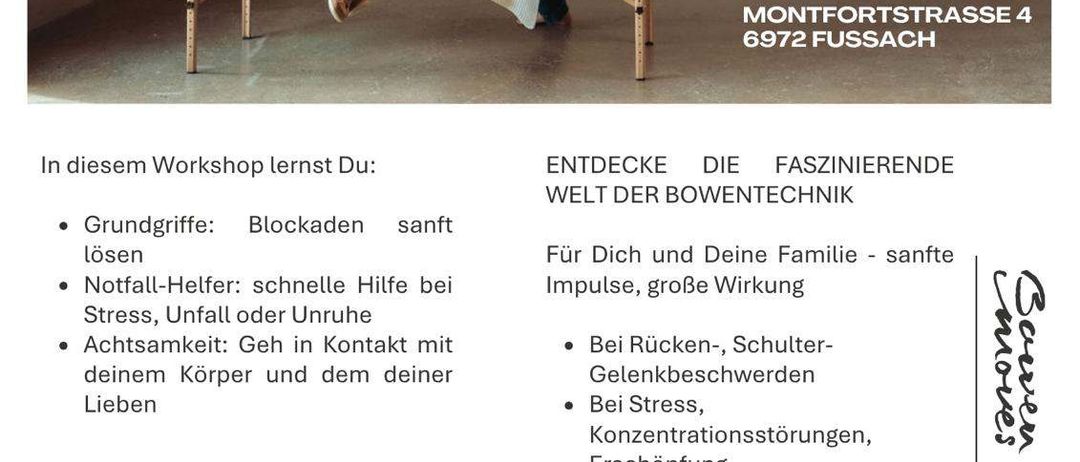 Workshop-Werbung mit einer Frau und einem Kind. Lerne Grundknoten, Notfallhilfe und Körperkontakt. Adresse und Datum unten.