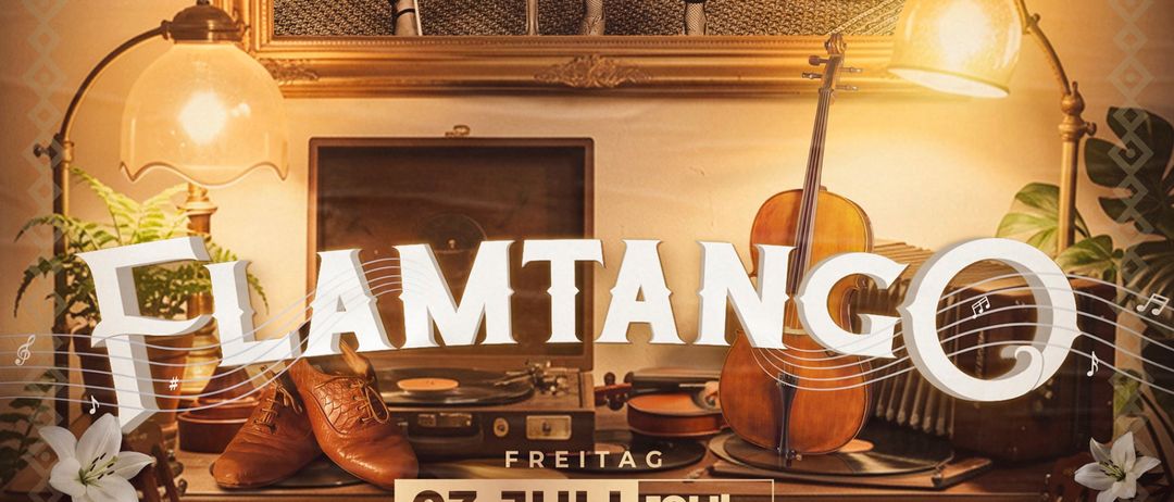 Ein Plakat zeigt Musiker beim Gitarren- und Violinspielen. Es steht 'FlamTango' und 'Tango trifft Flamenco'. Das Datum ist der 3. Juli, 19:00. Ort: Alte Stickerei.