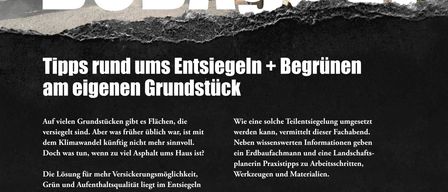 Ein Plakat mit einem Mann, der eine Sägemaschine auf einer Baustelle benutzt. Das Plakat trägt den Schriftzug 'BODAquat' und bietet Tipps zum Versiegeln und Pflegen des eigenen Grundstücks. Es wird auf die Bedeutung der Versiegelung zur Vermeidung von Schäden und zur Verbesserung der Sicherheit hingewiesen. Die Veranstaltung ist für den 23. September 2026 um 19:00 Uhr in der alten Stickerei Fussach geplant.