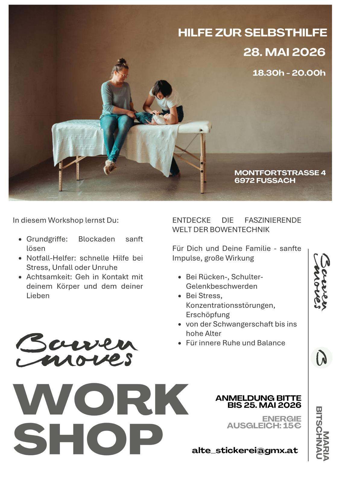 Workshop-Werbung für Bowen-Technik. Eine Frau und ein Kind auf einem Tisch. Kontaktinformationen am unteren Rand.