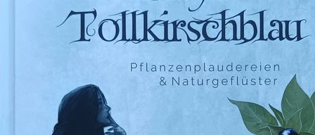 Eine Frau in einem schwarzen Outfit, mit einem Armband, mit dem Kinn auf der Hand, schaut nach rechts. Der Hintergrund ist ein blau getönter Hintergrund mit Text in gotischer Schrift.