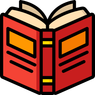 Ein rotes Buch ist geöffnet und zeigt gelbe Seiten und schwarzen Text. Der Einband hat gelbe Kanten und einen gelben Rand.