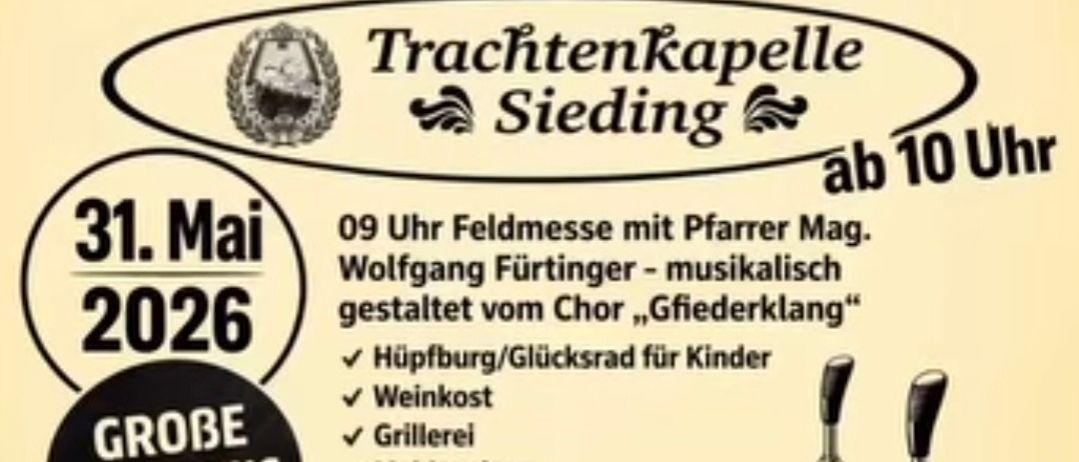 Flugblatt für Fruhschopppen mit der Trachtenkapell Sieding, Datum 31. Mai 2026, mit Feldmesse um 9 Uhr, Pferdereiten, Weinprobe, Grill und Kinderecke. Adresse Altstrasse 52, 2630 Pottsch. Kontakt Tel.: 02630/38292.