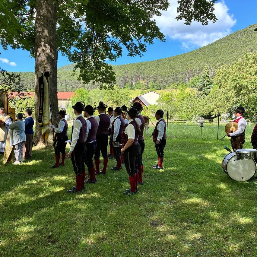 A group of people in traditional attire stands in a field. They are in a row, possibly performing. A person plays the drum, and another person holds a cymbal. A tree and a mountain are in the background.