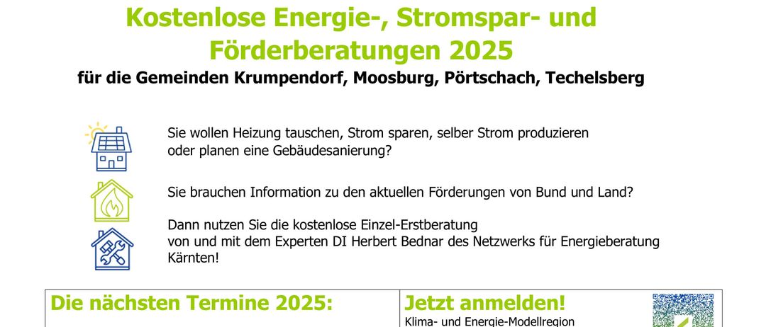 Ein Flyer bewirbt kostenlose Energie-, Stromspar- und Förderberatungen für 2025, mit Experten für Haussanierungen. Es enthält Kontaktdaten zur Anmeldung.