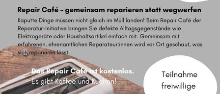 Plakat für das 1. Repair Café am 20. März 2026 von 15-19 Uhr im Pfarrsaal St. Martin, Techelsberg. Bringen Sie defekte Alltagsgegenstände mit. Kostenloser Kaffee und Kuchen.