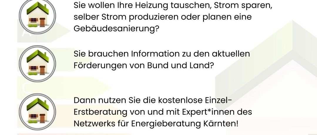 Das Bild zeigt einen Zeitplan für kostenlose Energieberatungsterminen in den Jahren 2025/2026 in den Gemeinden Techelsberg, Moosburg, Pörtschach und Krumpendorf. Termine umfassen den 3. Dezember 2025, 4. Februar 2026, 11. April 2026, 3. Juni 2026, 15. August 2026, 7. Oktober 2026 und 2. Dezember 2026.