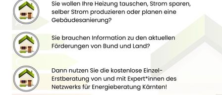Das Bild zeigt einen Zeitplan für kostenlose Energieberatungsterminen in den Jahren 2025/2026 in den Gemeinden Techelsberg, Moosburg, Pörtschach und Krumpendorf. Termine umfassen den 3. Dezember 2025, 4. Februar 2026, 11. April 2026, 3. Juni 2026, 15. August 2026, 7. Oktober 2026 und 2. Dezember 2026.