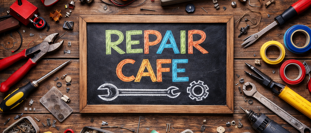 Ein Tafel mit den Worten Reparatur Café ist umgeben von verschiedenen Werkzeugen und Teilen auf einem Holztisch. Eine Lampe, ein Multimeter und ein Radio sind ebenfalls auf dem Tisch.