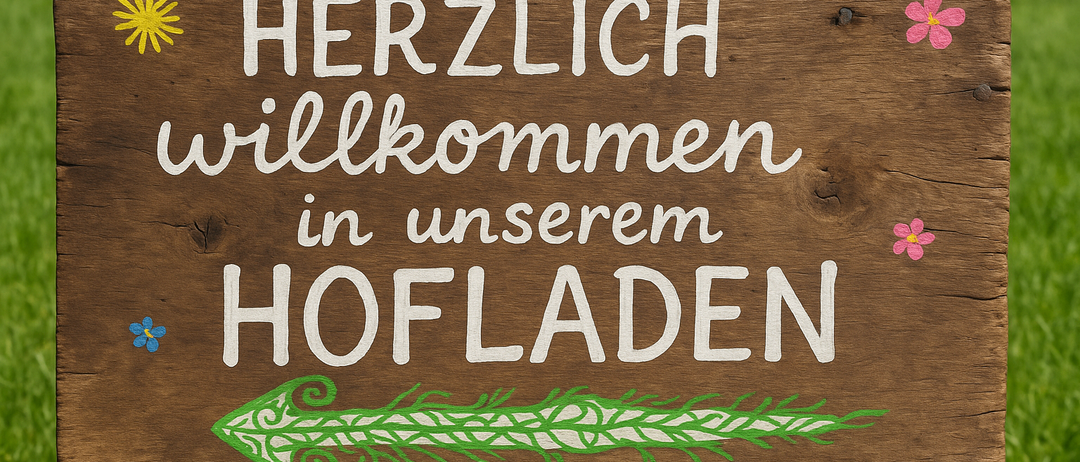 Ein hölzerne Schild mit weißem Text, der Herzlich willkommen in unserem Hofladen lautet, vor einem grünen Hintergrund. Das Schild hat ein dekoratives grünes Blattdesign am unteren Rand.