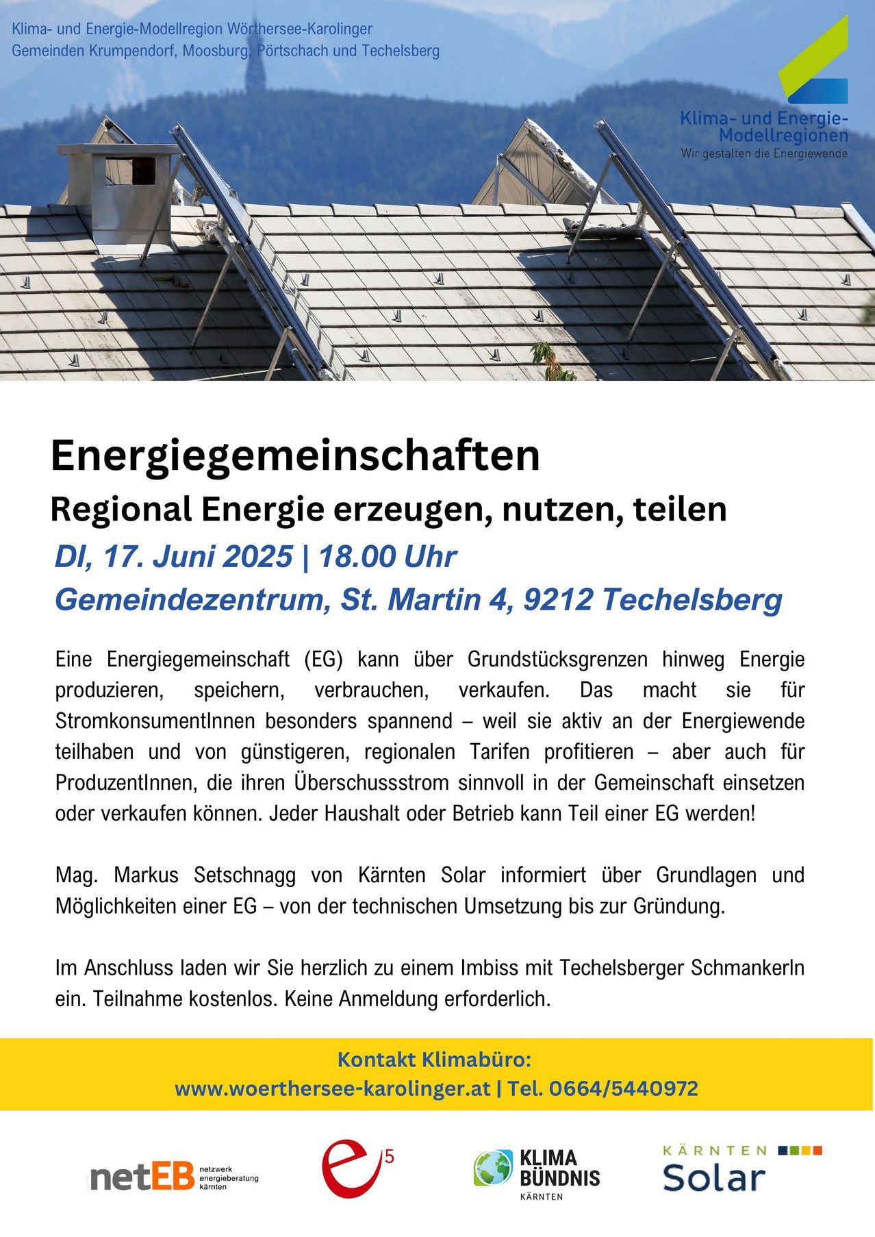 Ein Bild eines Hauses mit Solarpaneelen auf dem Dach. Unten ist ein Flyer mit dem Titel 'Energiegemeinschaften', der Details zu einem regionalen Energieevent am 17. Juni 2025 enthält. Es wird erklärt, wie Energiegemeinschaften Energie über Grundstücksgrenzen hinweg produzieren, speichern, verbrauchen und verkaufen können.