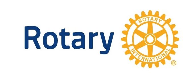 Das Logo von Rotary International mit blauem Text und einem gelben Radsymbol, in dem das Wort Rotary steht.