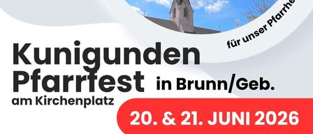 Banner für ein Kirchenfest in Brunnen/Geigenplatz am 20. und 21. Juni. Eine Kirche mit Turm ist am Himmel zu sehen.