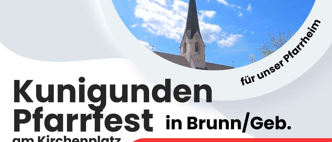 Ein Plakat für ein Gartenfest in Brunn/Gecheplatz am 20. und 21. Juni, mit einer Kirche und blauem Himmel im Hintergrund.