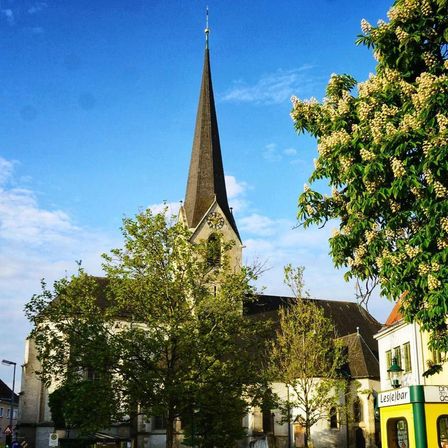 Eine Kirche mit hohem Turm und Uhr, umgeben von Bäumen an einem sonnigen Tag.