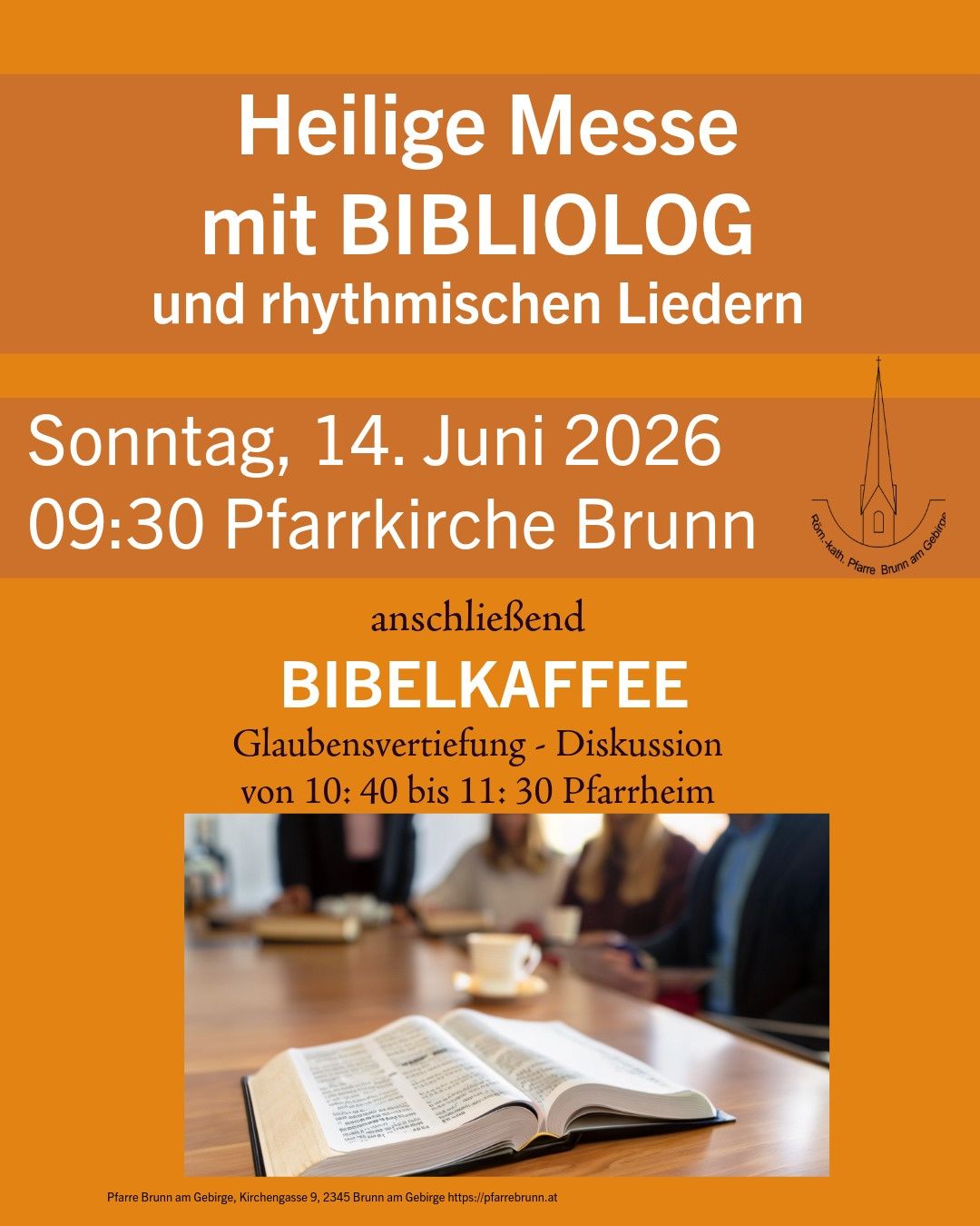 Poster for a religious service with Bible study and rhythmic songs. Scheduled for Sunday, June 14, 2026, at 9:30 AM in the parish church of Brunn. Bible coffee discussion from 10:40 AM to 11:30 AM at the parish hall.