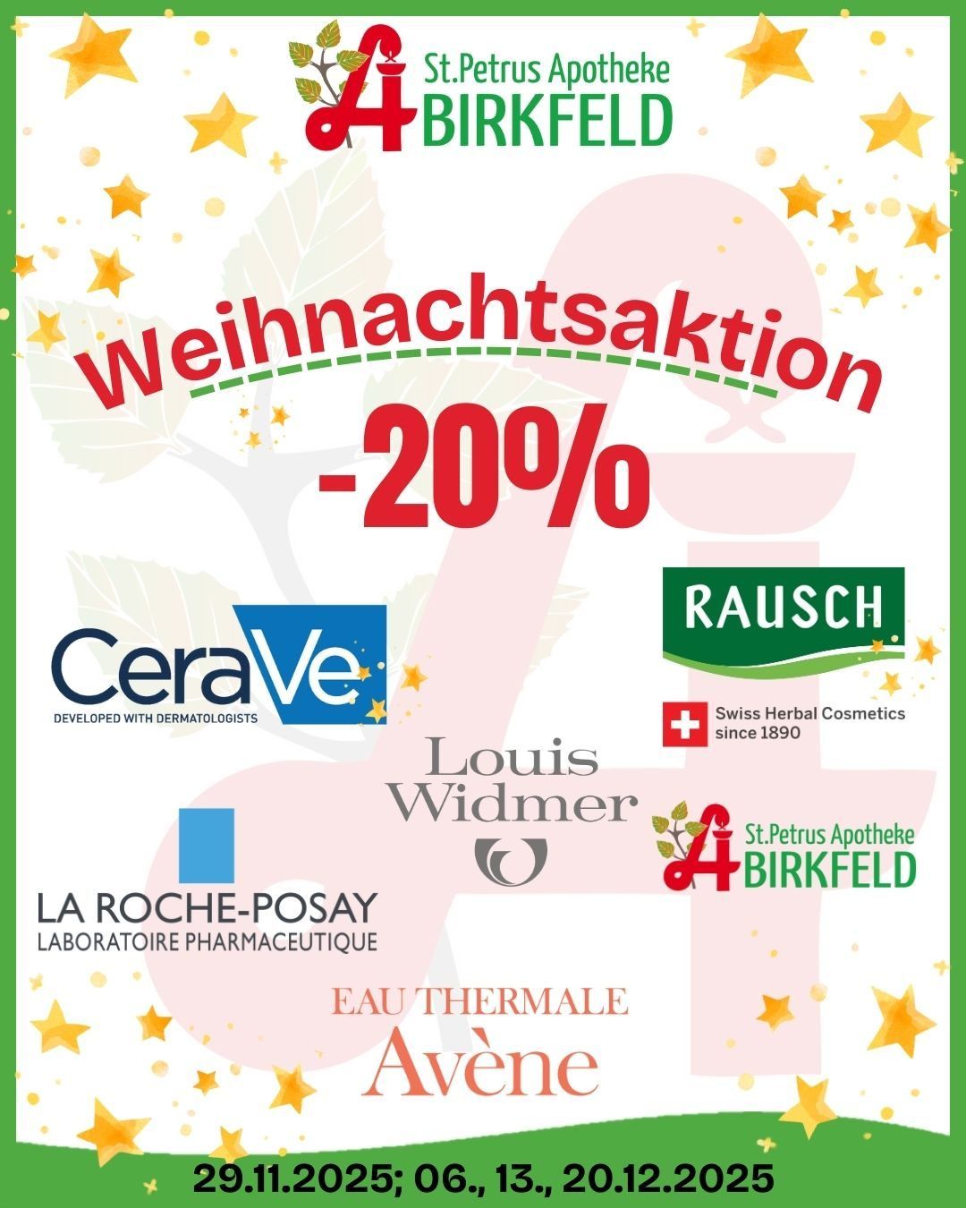 Werbung für einen Weihnachtsverkauf mit 20% Rabatt. Logos verschiedener Marken sind zu sehen, darunter CeraVe, RAUSCH, Louis Widmer und LA ROCHE-POSAY.