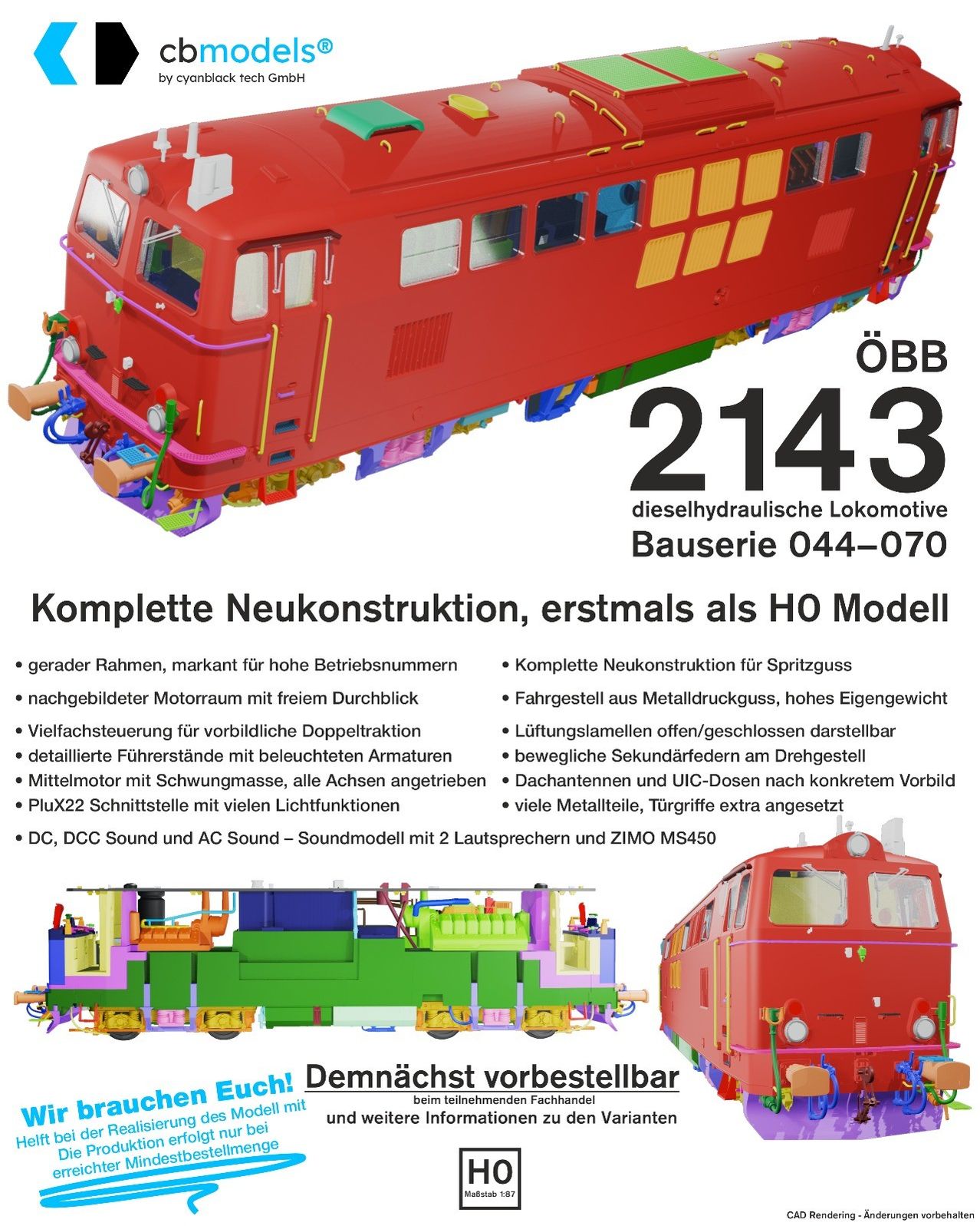 Werbeposter für eine Neukonstruktion einer roten ÖBB 2143 diesel-hydraulischen Lokomotive. Merkmale umfassen einen geraden Rahmen, eine Kabine mit freier Sicht, Multifunktionssteuerung, detaillierte Frontabschnitte und einen Motor mit Gegengewichten. Es hat auch mehrere Beleuchtungsfunktionen, DC, DCC und AC Sound-Modelle.