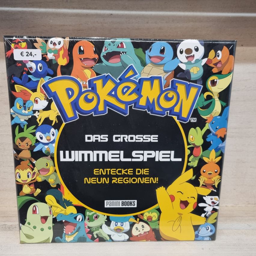 Eine Pokemon-Brettspielbox mit dem Titel 'Pokemon Das Grosse Wimmelspiel', auf der verschiedene Pokemon-Charaktere abgebildet sind, zum Preis von 24 Euro.