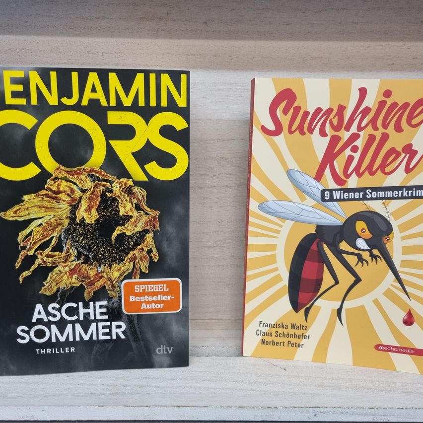 Zwei Bücher auf einem Holzregal. Eines ist 'Asche Sommer' von Benjamin Cors, das andere ist 'Sunshine Killer' mit einer Mücke auf dem Cover.