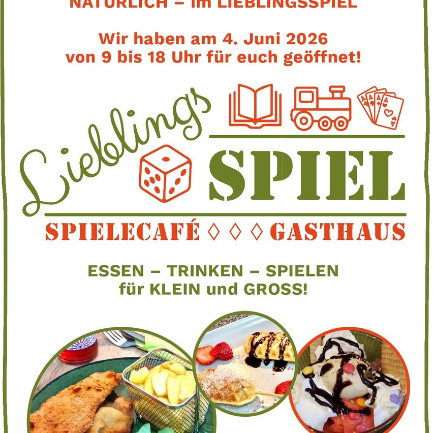 Poster for a cafe event on June 4, 2026. Features food, drinks, and games for all ages. Open from 9 AM to 6 PM.