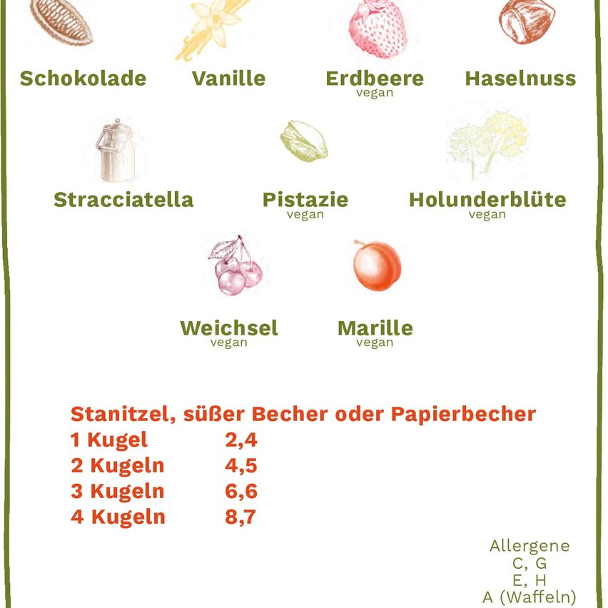 A chart displays various ice cream flavors and their ingredients. Chocolate, vanilla, strawberry, and hazelnut are listed. Other flavors include pistachio, elderberry, straciatella, honeysuckle, sour cherries, apricots, mirabelle, and marmalade, all marked as vegan. A table shows the size of scoops in different quantities. Allergens C, G, E, H, A are noted.